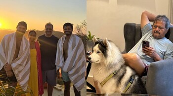 In the opening photo, Vijay Deverakonda is seen posing with his parents and brother, all beaming with joy against the serene backdrop of a beach.