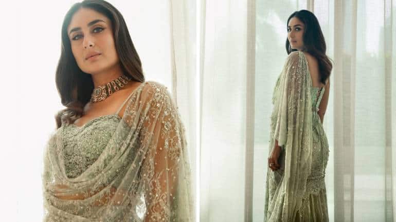 Kareena Kapoor Khan's sage green concept saree featured intricate embroidery and delicate detailing, lending it a dreamy, romantic appeal (Images: @kareenakapoorkhan/Instagram)