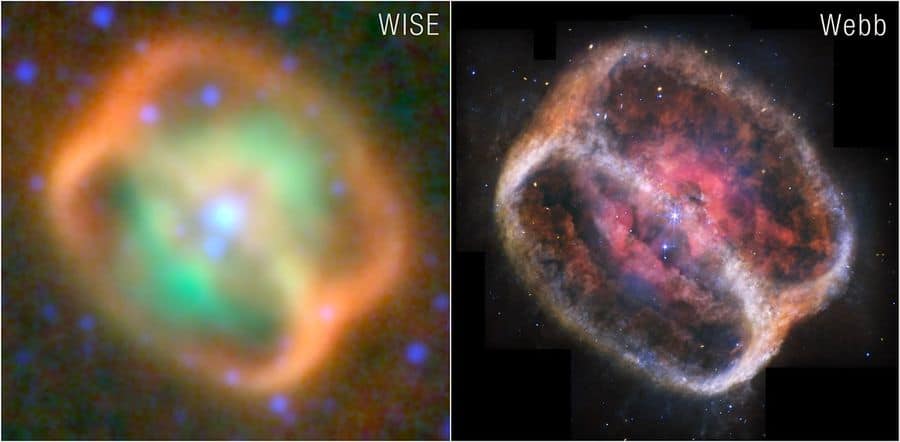Two infrared views of NGC 1514. At left is an observation from NASA’s Wide-field Infrared Survey Explorer (WISE). At right is a more refined image from NASA's James Webb Space Telescope. (Image: NASA)