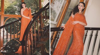 Hania Aamir's rust-orange ensemble by Arpita Mehta featured a modern one-shoulder drape with an attached pallu cascading down elegantly (Images: @haniaheheofficial/Instagram)