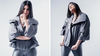 Shruti Haasan paired her grey oversized jacket with matching leather pants for a sleek monochromatic finish (Images: @shrutzhaasan/Instagram)