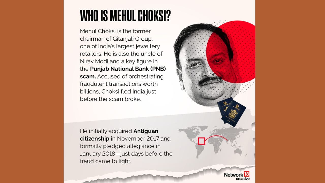 Mehul Choksi, the ex-chairman of Gitanjali Group—once among India’s top jewellery retail chains—is a central figure in the Punjab National Bank (PNB) fraud case. He is also the uncle of Nirav Modi, another prime accused in the multi-crore scam. (Image: News18 Creative)