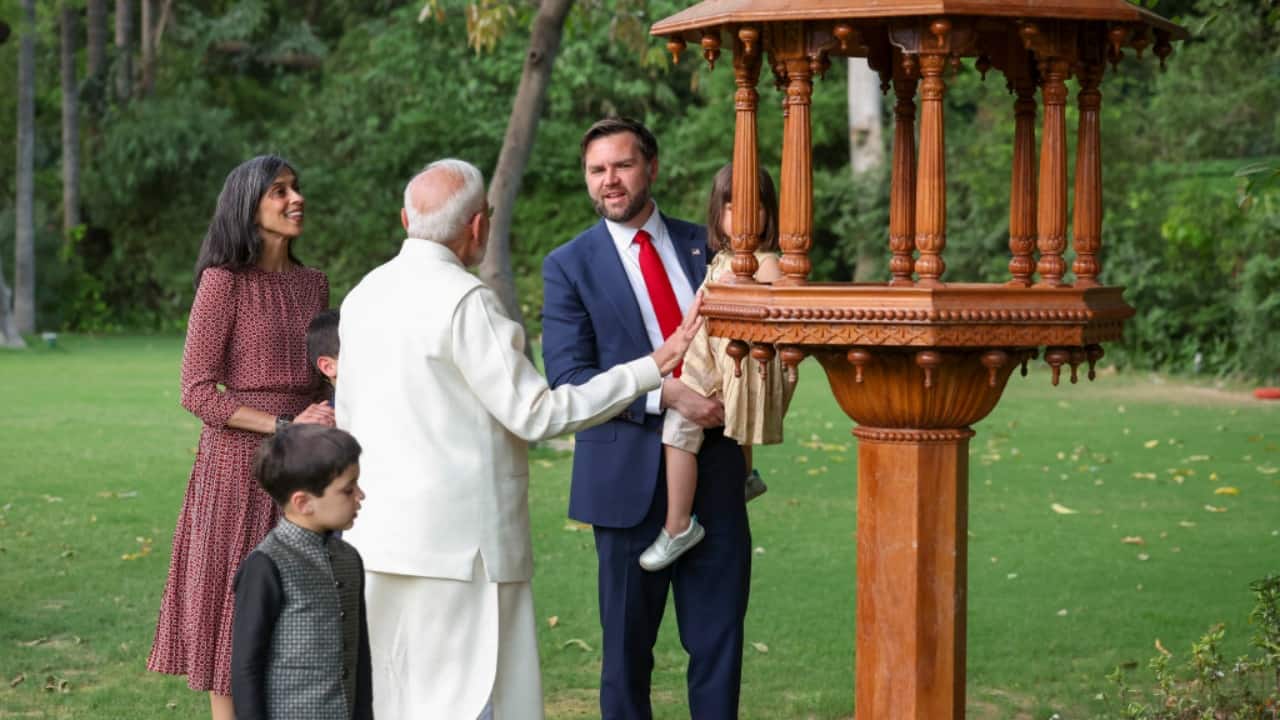 Prime Minister Narendra Modi during a meeting with US Vice President JD Vance, Second Lady Usha Vance and their children, in New Delhi.