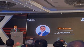 TCS CEO and MD K Krithivasan speaking at Accelerating India in Delhi on April 24.