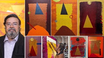 Artist S HarshaVardhana (left) and his new works at the show 'Subliminal' at Art Alive Gallery, Delhi.