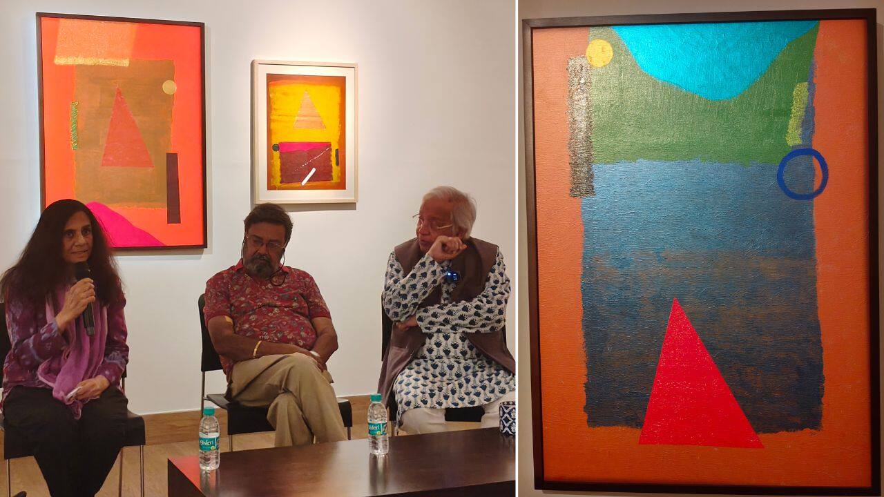 (From left) Art historian and critic Yashodhara Dalmia, artist S HarshaVardhana and poet and literary-culture critic Ashok Vajpeyi; a work by the artist.