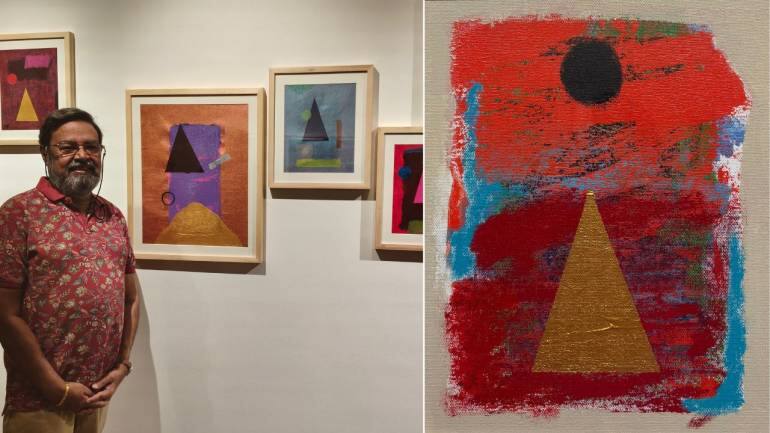 S Harshavardhana with his works at Art Alive Gallery, Delhi.