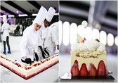 French chefs make world's longest strawberry cake. It took them 350kg strawberries, 4,000 eggs and...