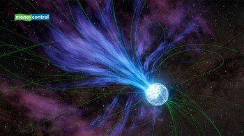 In an ejection that would have caused its rotation to slow, a magnetar is depicted losing material into space in this artist’s concept. The magnetar’s strong, twisted magnetic field lines (shown in green) can influence the flow of electrically charged material from the object, which is a type of neutron star. (Image Credit: NASA/JPL-Caltech)