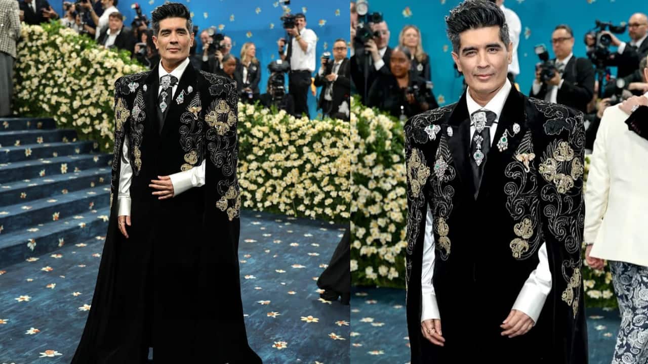 Renowned Indian designer Manish Malhotra's statement brooch and bejewelled blazer shine bright at Met Gala debut