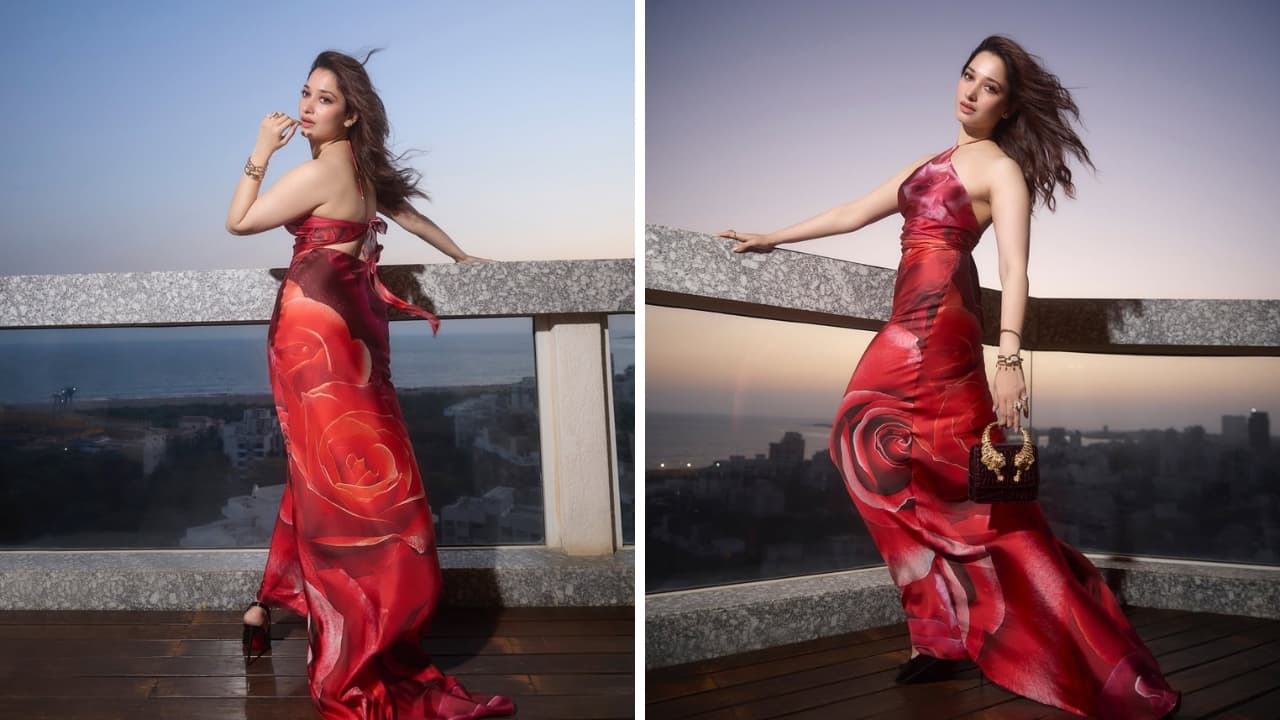 Tamannaah Bhatia stuns in a rose-red Roberto Cavalli dress