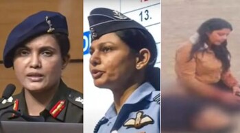 (L) Two women officers brief media about the details of India's strikes in Pakistan; (R) wife of victim sits motionless besides her husband's body in Pahalgam