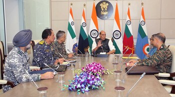 Defence minister Rajnath Singh with service chiefs and defence secretary on May 9 in New Delhi