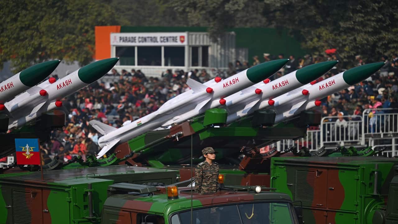 Indian Army's Akash missile system takes part in the full dress rehearsal for the upcoming Republic Day parade, in New Delhi on January 23, 2023. (Photo by Money SHARMA / AFP)