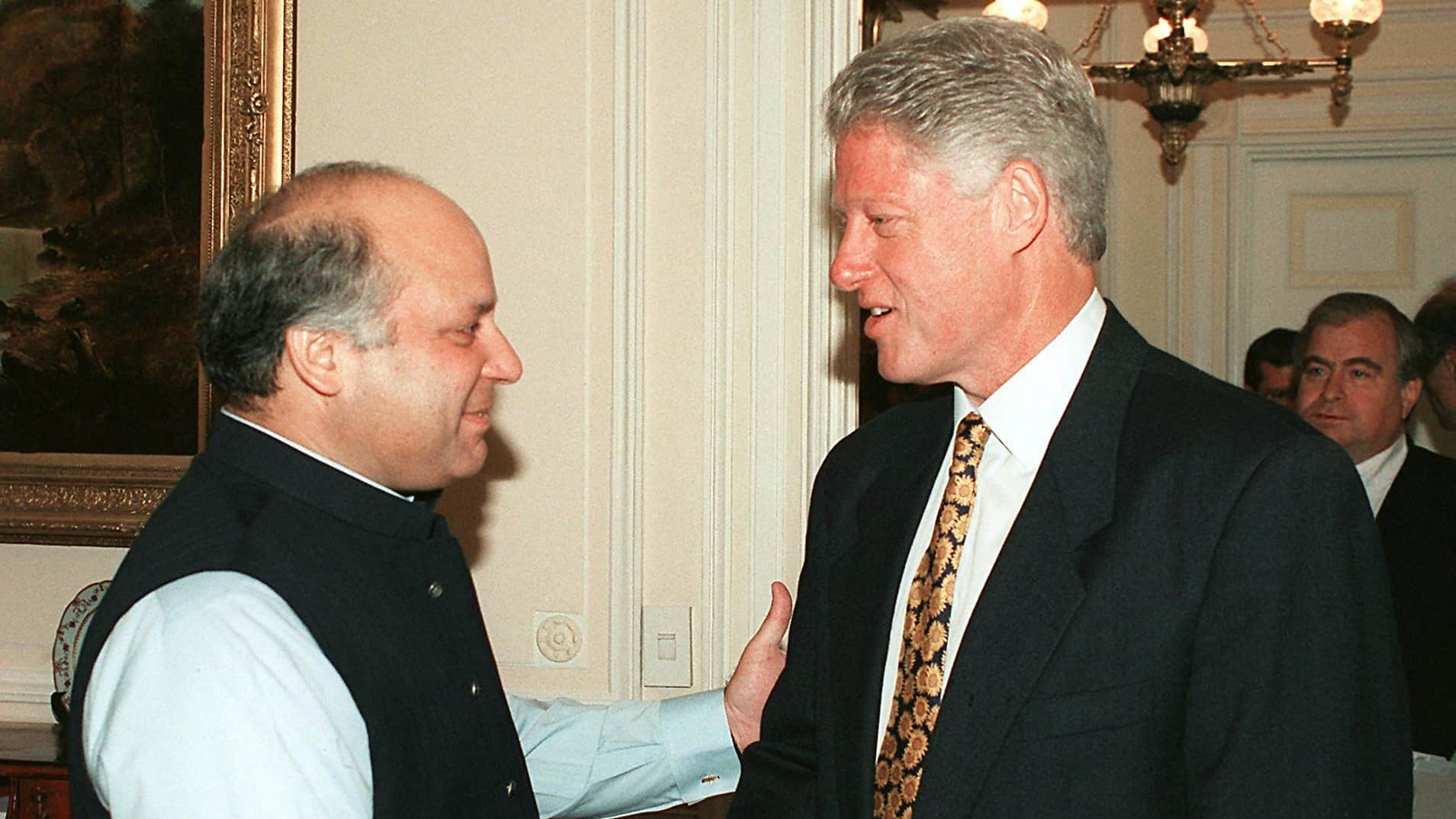 File photo of the then US President Bill Clinton greeting Pakistani Prime Minister Nawaz Sharif (L) at Blair House in Washington, DC (04 July, 1999).