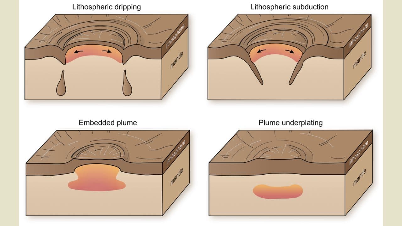 These illustrations depict various types of tectonic activity thought to persist beneath Venus’ coronae. Lithospheric dripping and subduction are shown at top; below are and two scenarios where hot plume material rises and pushes against the lithosphere, potentially driving volcanism above it. (Image: Anna Gülcher, CC BY-NC, NASA)