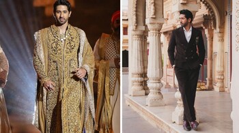 A quick glance through Vihaan Samat's recent wardrobe choices reveals an inclination for fitted suits, sherawnis and dinner jackets in jewel tones like emerald greens, oxblood maroons, and sapphire blues accented with gold detailing and handcrafted accessories (Images: @vihaansamat/Instagram)