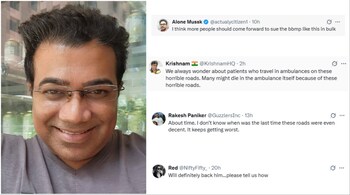 (Left) Dr Kiran Jeevan who sent BBMP a legal notice demanding a compensation of Rs 50 lakh for the pain and anguish Bengaluru's poor roads have caused him. (Right) Some of the reactions of Dr Jeevan's story on X. (Image credit: Moneycontrol, X)