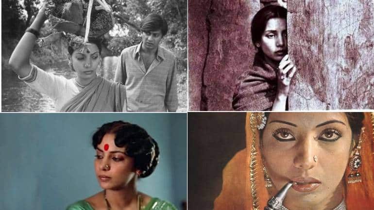 (Clockwise from top) Shabana Azmi in Ankur, Khandhar, Shatranj Ke Khilari and Mandi. 