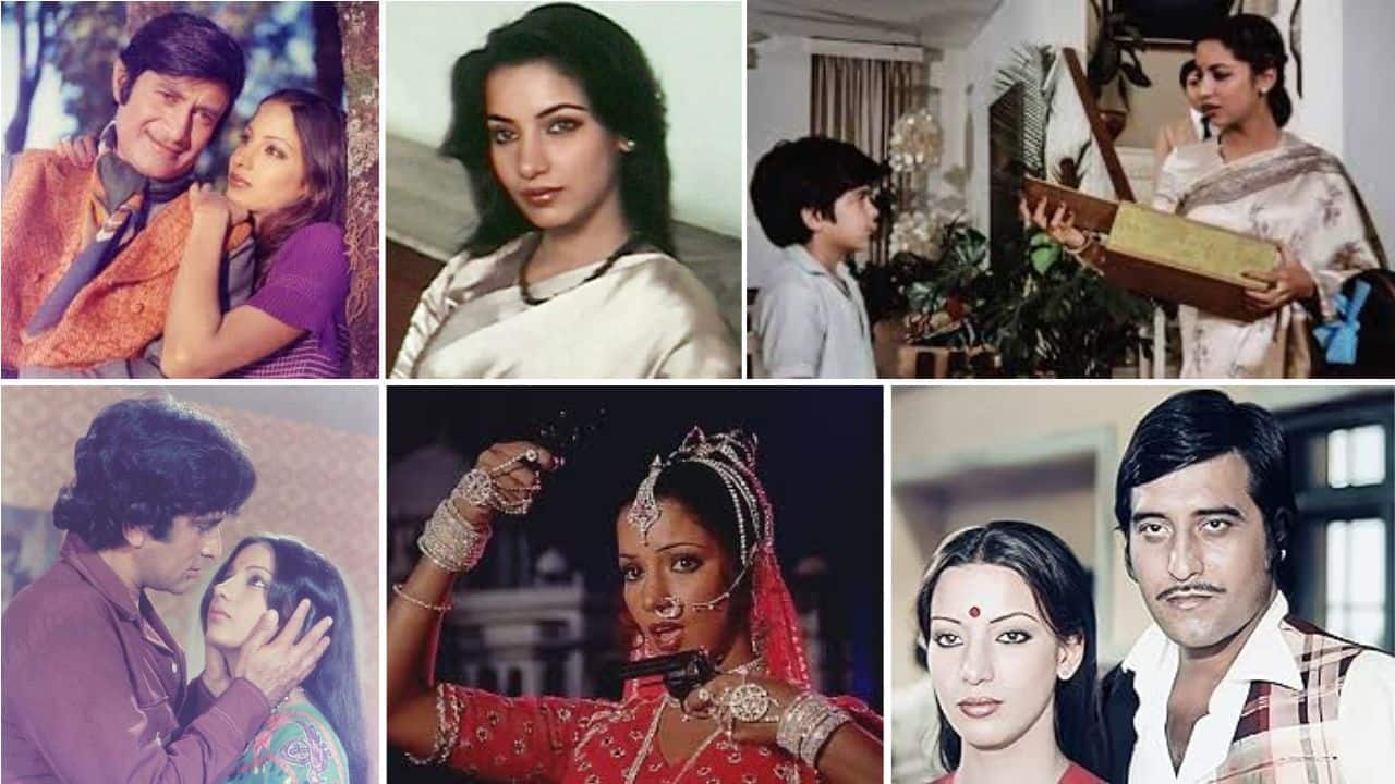 (Clockwise from top) Shabana Azmi in Ishk Ishk Ishk, Arth, Masoom, Amar Akbar Anthony, Parvarish, and Fakira.