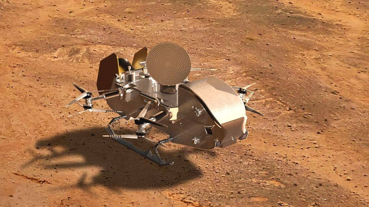 Artist's concept of NASA's Dragonfly on the surface of Saturn's moon Titan. (Image: NASA)