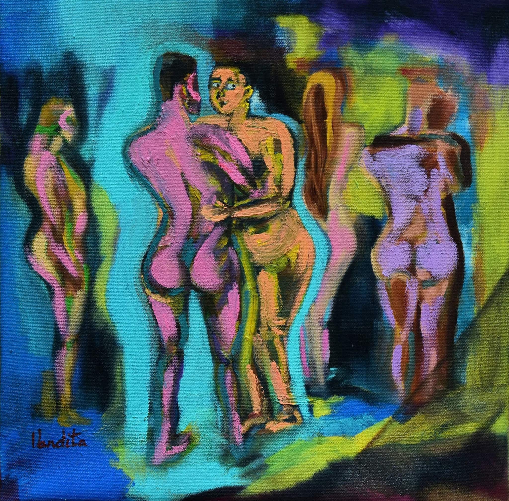 Another Lover (oil on canvas; 14&quot; X 14&quot;). Artist Vandita Mishra says: &quot;'Another Lover' is an epiphany I had that came to life. The inspiration is the dating lifestyles, the scene is set in a bar where people are dancing. I decided to keep the figures nude and in a way such that the sex of any figure is not communicated, to keep the work universal, inclusive, and something that people with different sexual orientations and gender identities, could relate to. Primarily the idea is about chasing bodies, it's about lust consuming us, it's about finding escapism in another person up until all of the rejections, the feelings, the past, the infidelity comes haunting back to us. It's about numbing the pain, guilt, remorse or sadness by using another person as a means. It's about using sex as a mechanism or ploy, rather than an act; rather than connecting with another human and forming an intimacy, it's about using sex as a way to drown your fears and insecurities briefly.&quot;