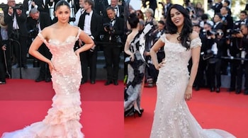 Alia dazzled in an off-shoulder pink-beige Georges Hobeika gown at Cannes 2025, adorned with intricate 3D floral detailing.