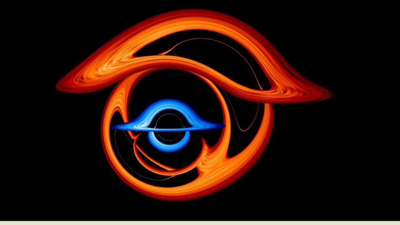 Doubly Warped World of Binary Black Holes: This image shows the warped view of a larger supermassive black hole (red) when it passes almost directly behind a companion black hole (blue) with half its mass. The gravity of the foreground black hole transforms its partner into a surreal collection of arcs. (Image: NASA)