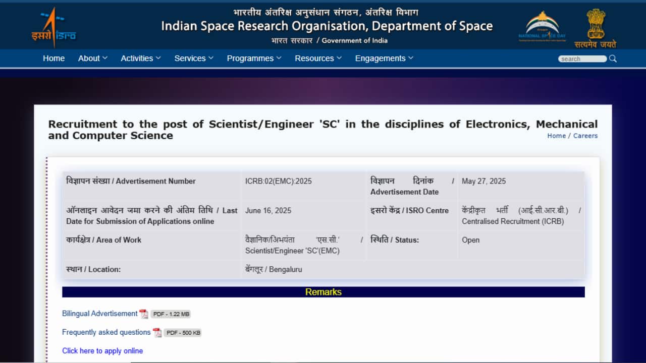 ISRO Recruitment 2025: Registration Begins for 320 Scientist/Engineer Posts, Apply by June 16