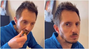 Dario, an Italian, reacts after having his first spoonful of Maggi noodles. (Image credit: @paneer.and.parmigiano/Instagram)