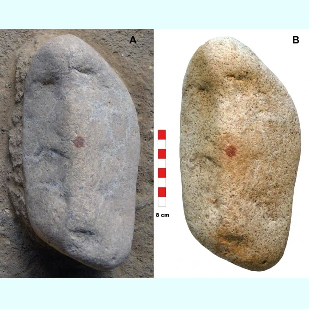 A: the rock before it was fully excavated. B: the face-shaped rock and the red dot "nose." ( Álvarez-Alonso et al. 2025; CC BY 4.0)
