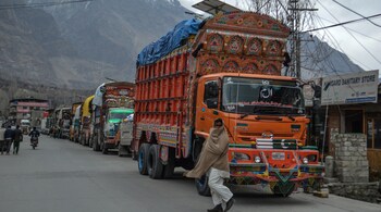 This january 2025 file photo shows stranded trucks standing along the Karakoram Highway, blocked by residents during a sit-in protest.