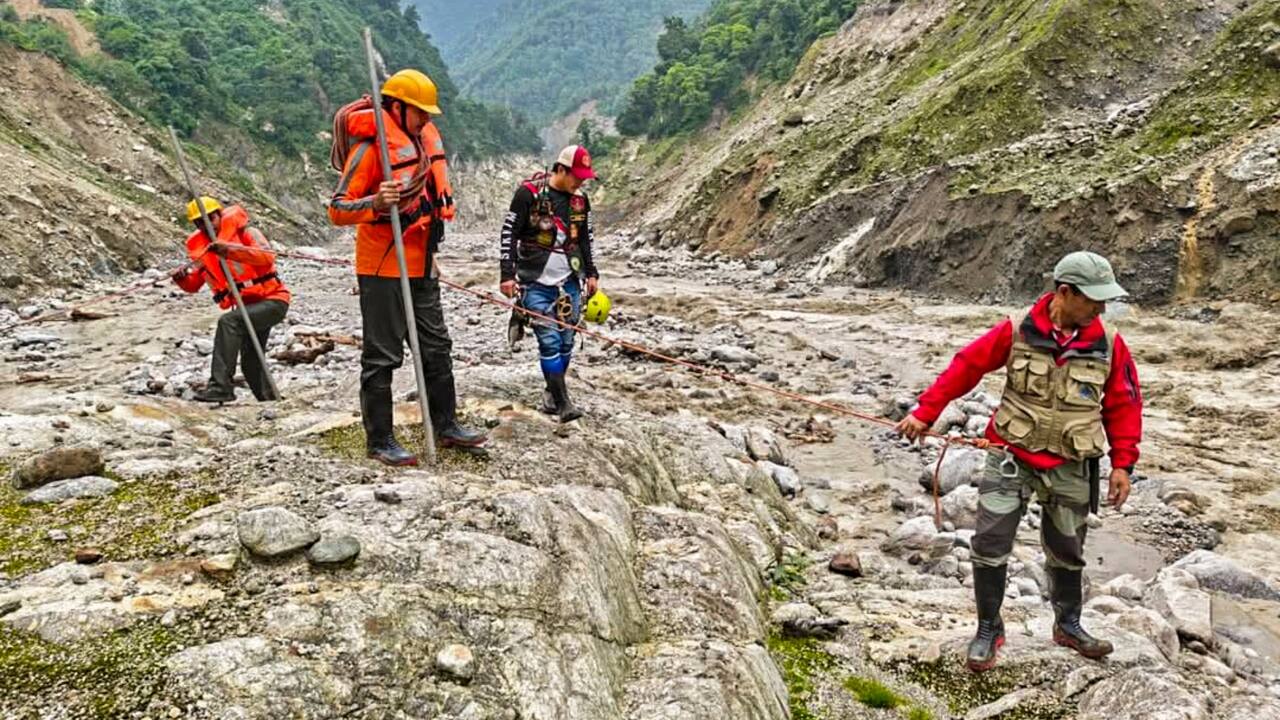Search operation underway for missing tourists, days after a vehicle carrying tourists plunged into the Teesta river, near Munshithang in North Sikkim district (Image: PTI)
