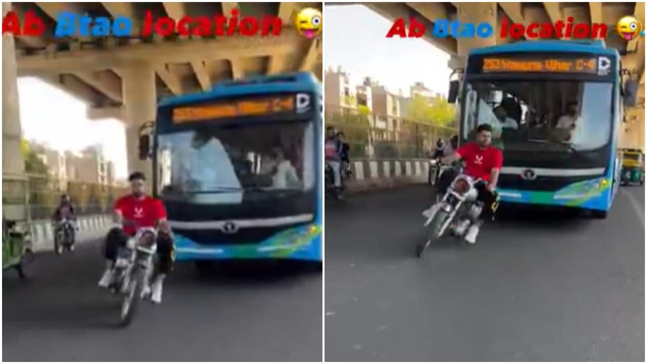 Delhi biker faces legal action, bike scrapped after reckless zigzag stunt in front of bus goes viral