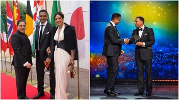 Nithin Kamath with wife Seema Patil at EY World Entrepreneur of the Year event in Monaco where the Zerodha co-founder was a finalist. (Image credit: @Nithin0dha/X)