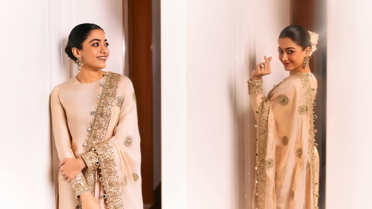 Rashmika Mandanna is desi girl goals in a beige suit and bun adorned with gajra
