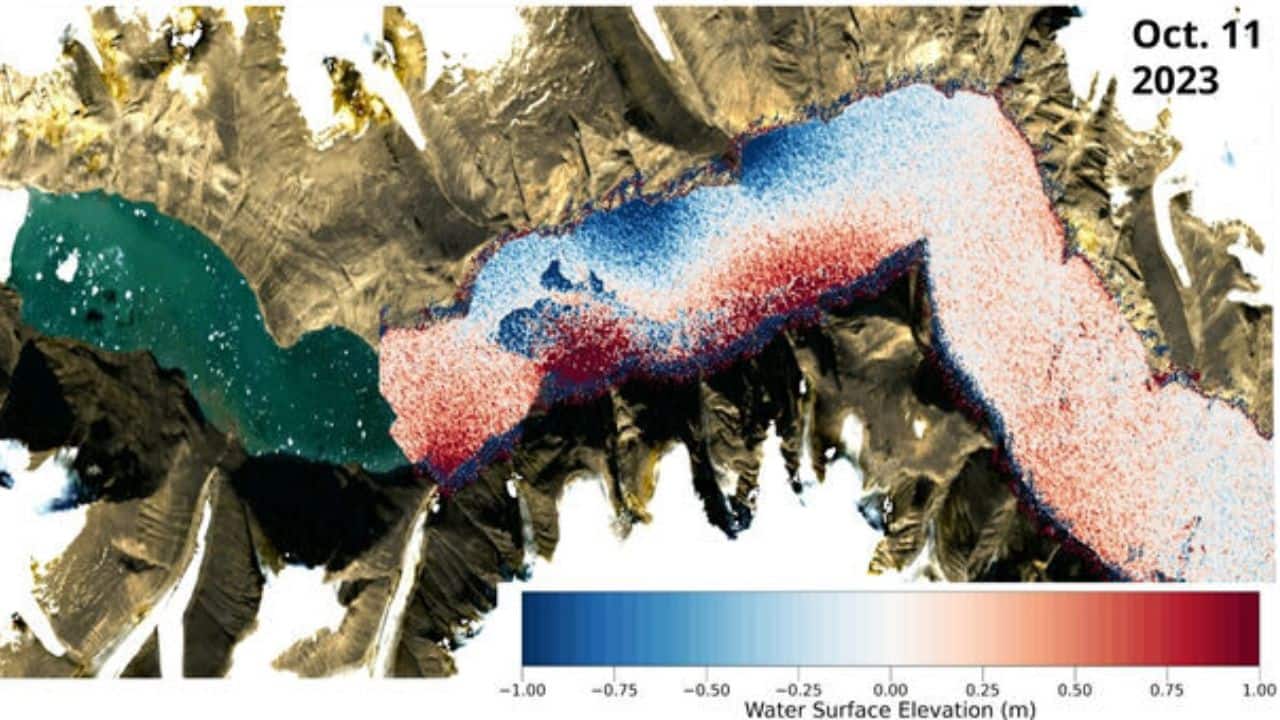 A satellite image of Dickson Fjord, featuring radar data from 11 October, highlights the recorded variations in water height. (Image: Thomas Monahan))