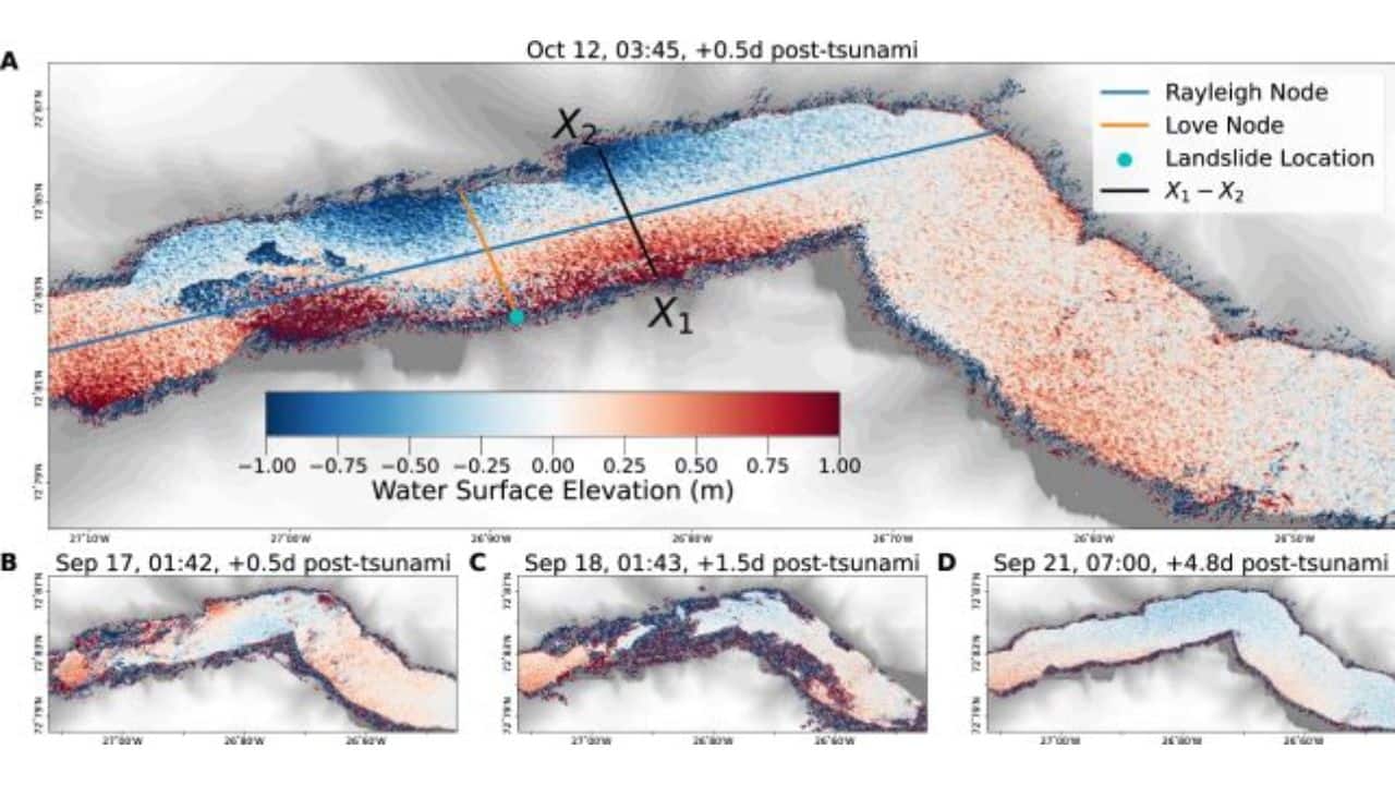 The SWOT satellite captured data on the fjord, just half a day after the 11 October tsunami began. (Image: Monahan et al., Nat. Commun., 2025)