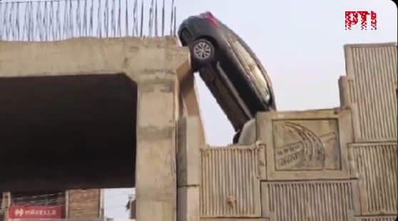 Car left dangling after GPS leads it to unfinished flyover in UP's Maharajganj : Watch