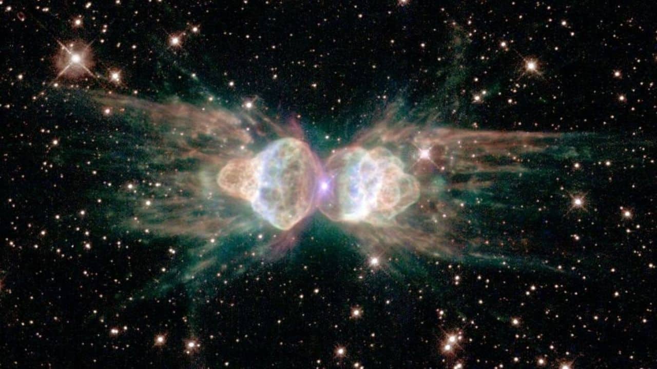 Ant Nebula: The Ant Nebula gets its name from its shape, which resembles an ant’s head and thorax. A dying sunlike star at its centre hints at our Sun’s distant future. (Image: NASA)