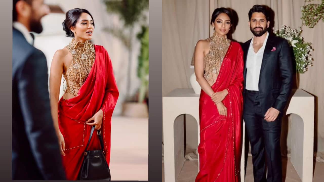 Sobhita Dhulipala turns heads in ravishing backless golden blouse and red saree at Akhil Akkineni’s wedding reception