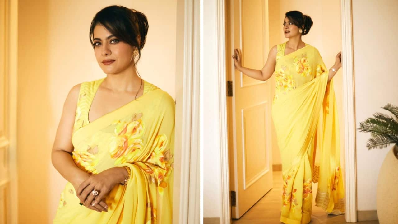 Kajol blooms in a floral hand-painted yellow saree for the promotions of Maa