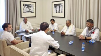 Karnataka Chief Minister Siddaramaiah and Deputy CM DK Shivakumar in a meeting with Congress president Mallikarjun Kharge, Lok Sabha LoP Rahul Gandhi and others in New Delhi on Tuesday. (PTI)