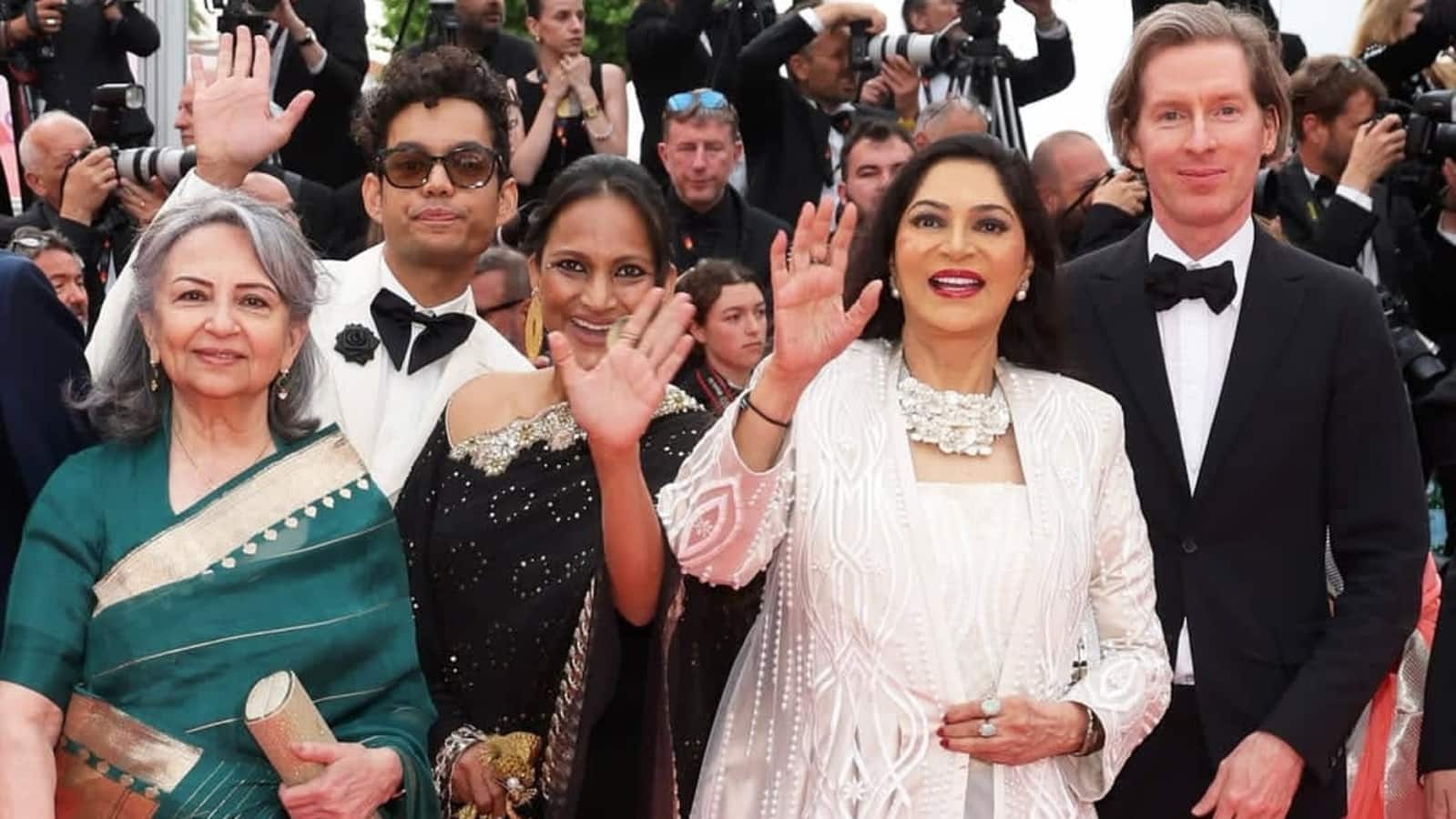 Actors Sharmila Tagore (in green) and Simi Garewal (in white) with filmmaker Wes Anderson on the red carpet at the 78th Cannes Film Festival. (Photo via X)
