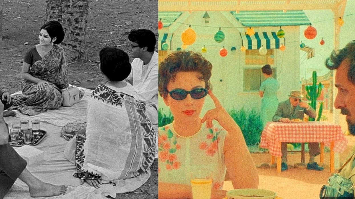 (Right) The memory game in Wes Anderson's Asteroid City (2023) was inspired from the memory game in Satyajit Ray's Aranyer Din Ratri (1970).