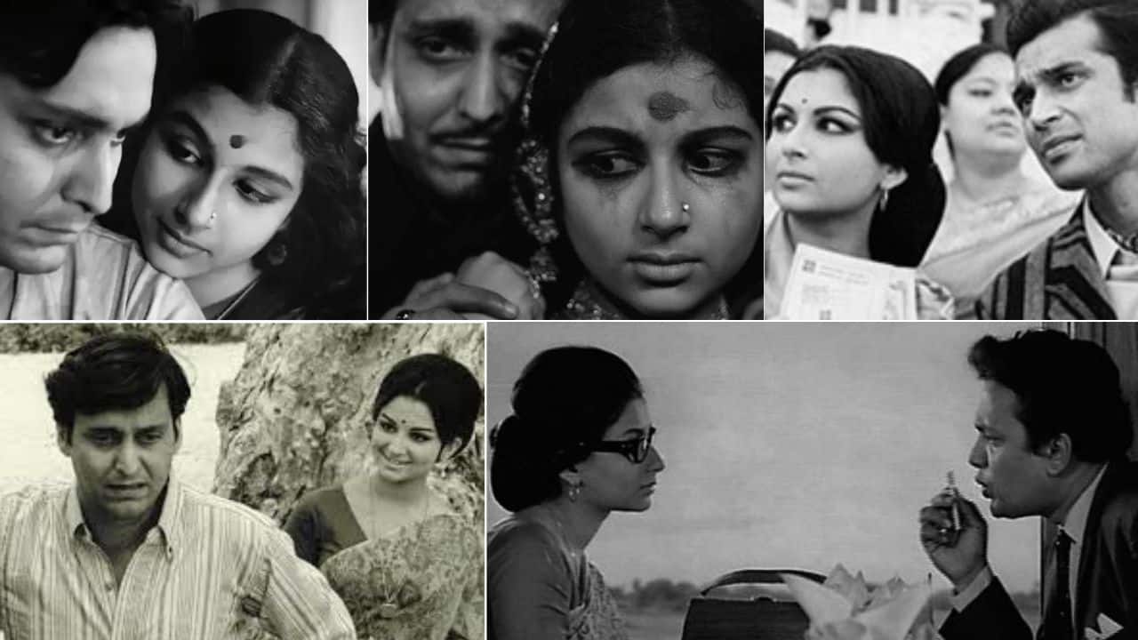Sharmila Tagore in Satyajit Ray's films (clockwise from top, left) Apur Sansar (1959), Devi (1960), Seemabaddha (1971), Nayak (1966), Aranyer Din Ratri (1970).