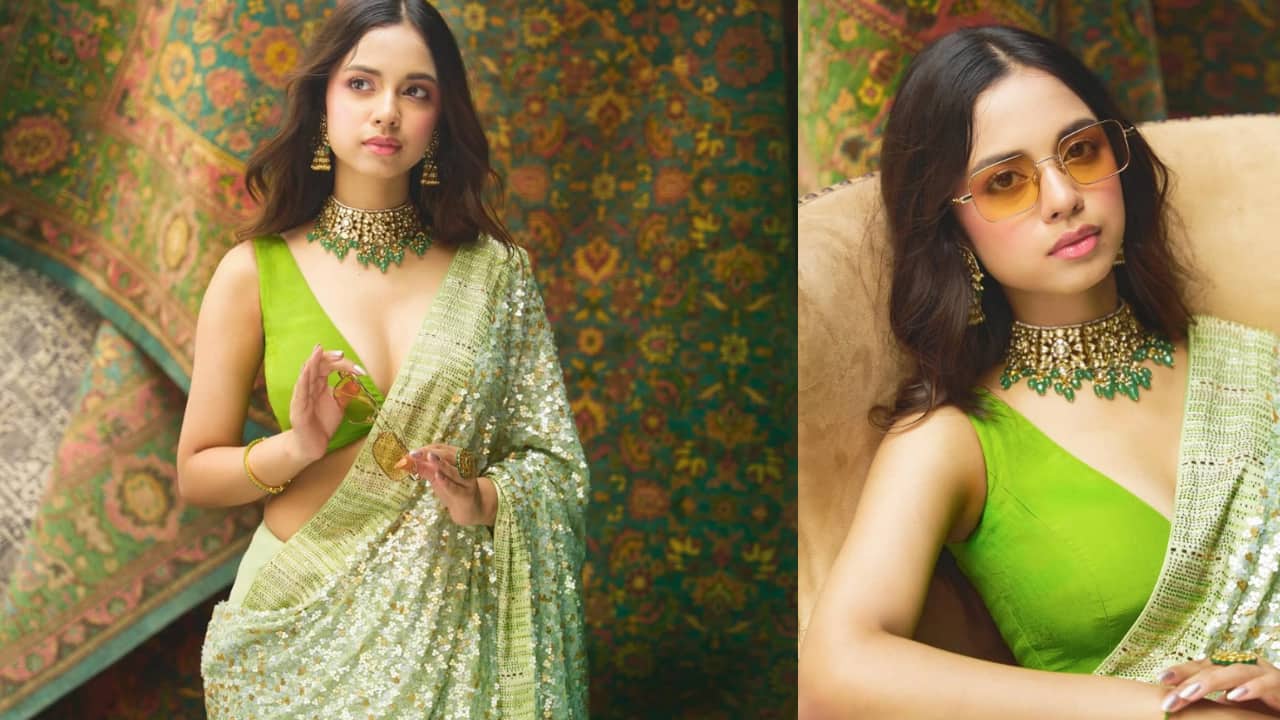 Nitantshi Goel channels vintage royalty in green shimmer saree