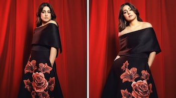 Hina Khan wore an off-shoulder black dress adorned with delicate floral appliqué work. The outfit was further enhanced with glass beads and sequins (Images: @realhinakhan/Instagram)