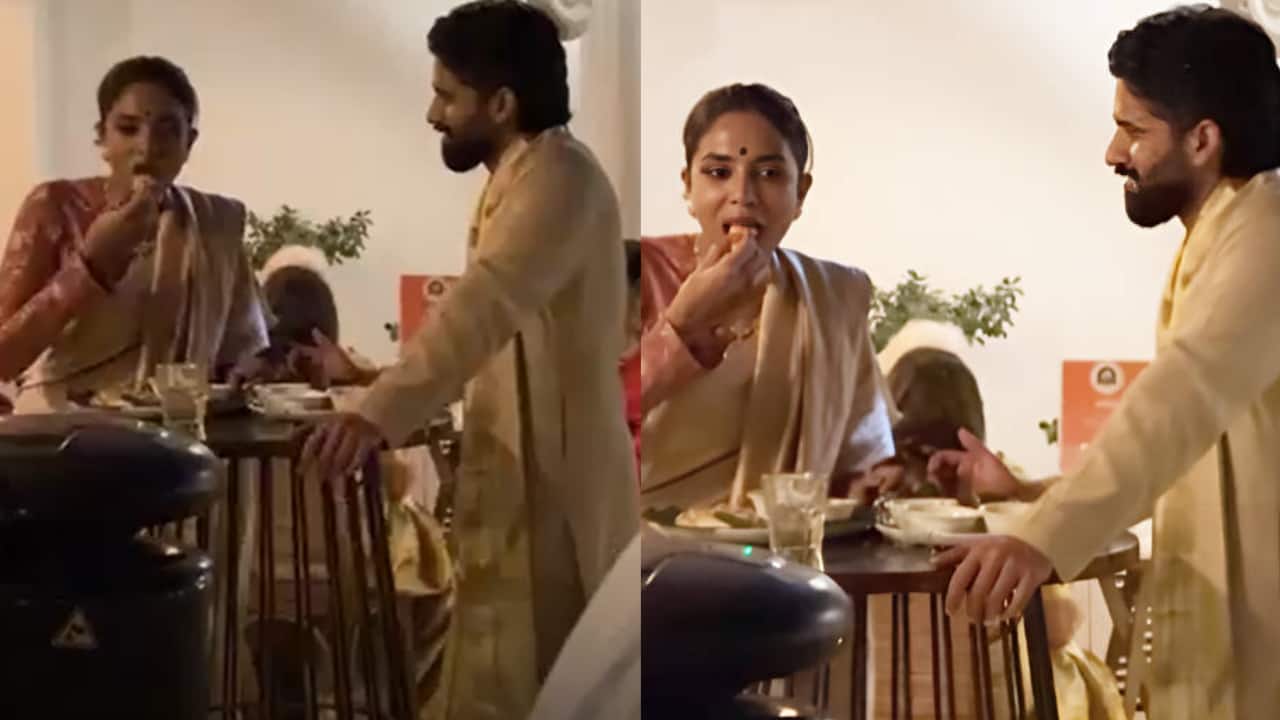 Naga Chaitanya is awestruck at his wife Sobhita Dhulipala as she enjoys her food at Akhil Akkineni's wedding, watch