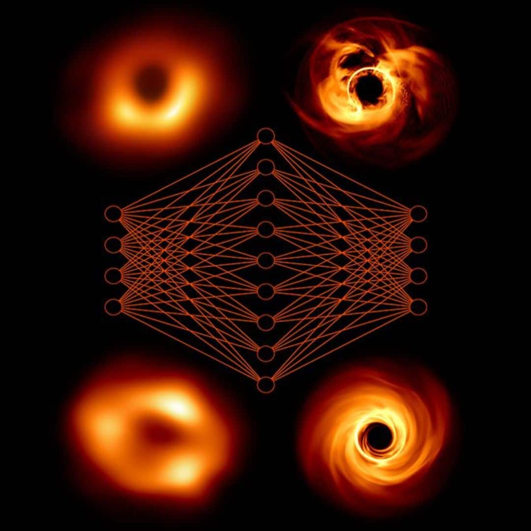An artist’s illustration shows a neural network linking black hole simulations (right) with actual telescope observations (left). (Image; EHT)
